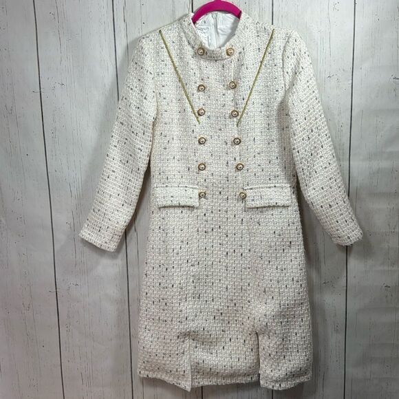 Womens Tweed Long Sleeve Gold Pearl Button Detail Knee Length Cream Dress - Picture 1 of 16